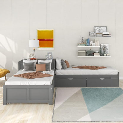 Harper & Bright Designs L-Shaped Platform Bed Frame with Trundle and Drawers Linked with Built-in Desk for Kids Boys Girls, Twin, Gray