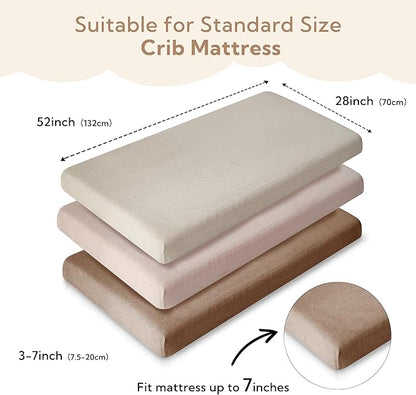 SOULFUL Muslin Crib Sheets for Boys Girls, 3 Pack Soft and Breathable Cotton Fitted Crib Sheets for Standard Crib Mattress (28"x 52", Light Tan & Brown & Mist Pink)