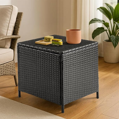 Outvita Outdoor Side Table, Rattan Coffee Table with Storage 27 Gallon Patio Small Deck Storage Box for Cushion Towel Books, Brown Side Table with lid