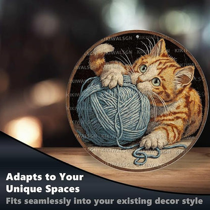 Vintage Orange Tabby Round Metal Sign Retro Yarn Ball Tin Sign Nostalgic Cat Lovers Wall Decor Decorations for Home Bedroom Living Room Cafe Bar Bathroom Shop 12 * 12 In