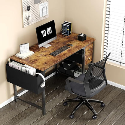 Lufeiya Computer Desk with Fabric Drawers, 47 Inch Desk for Small Space Home Office, Modern Simple Study Writing Table PC Desks for Bedroom, Rustic Brown