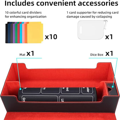 AFIING Mtg Deck Box Holds 5 Display Card Deck Boxes with Mtg Playmat & Dice Box,10 Dividers,1Card supporter, Trading Card Storage Box for Magic Yugioh Sports Cards (Black &Red)