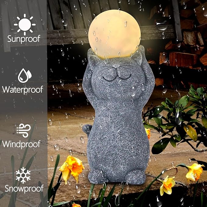 Solar Garden Decor Cat Moon Outdoor Statue and Figurine Lights, Outdoor Patio Sculpture Decor LED Light Gifts for Mom or Daughter, Garden Statues Birthday Gifts for Women Home and Yard with Solar Lamp