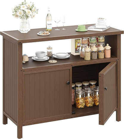 Amopatio Outdoor Storage Cabinet - Patio Bar Table with Storage and Shelves - Weather Resistant Sideboard for Patio, Pool, Garden, Indoor, Kitchen - Brown