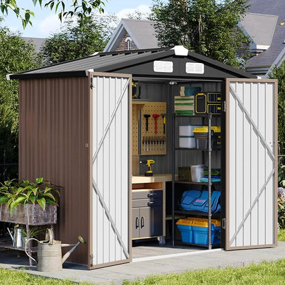 Aoxun 6x3.9 FT Shed Metal Outdoor Storage Shed Garden Shed with Lockable Doors Tool Shed Bike Shed for Backyard, Patio, Poolside (Brown)