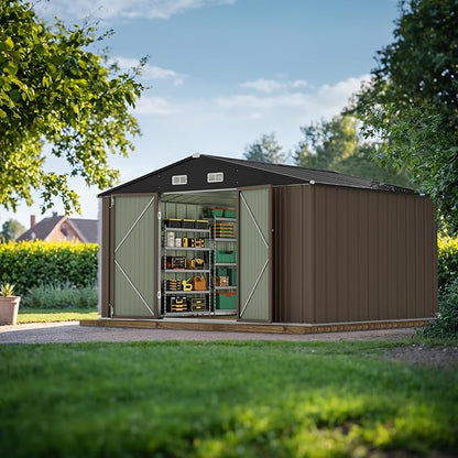 JUMMICO 8 x 10 FT Outdoor Storage Shed, Large Metal Garden Shed & Tool Sheds for Backyard Garden Patio Lawn (Brown)