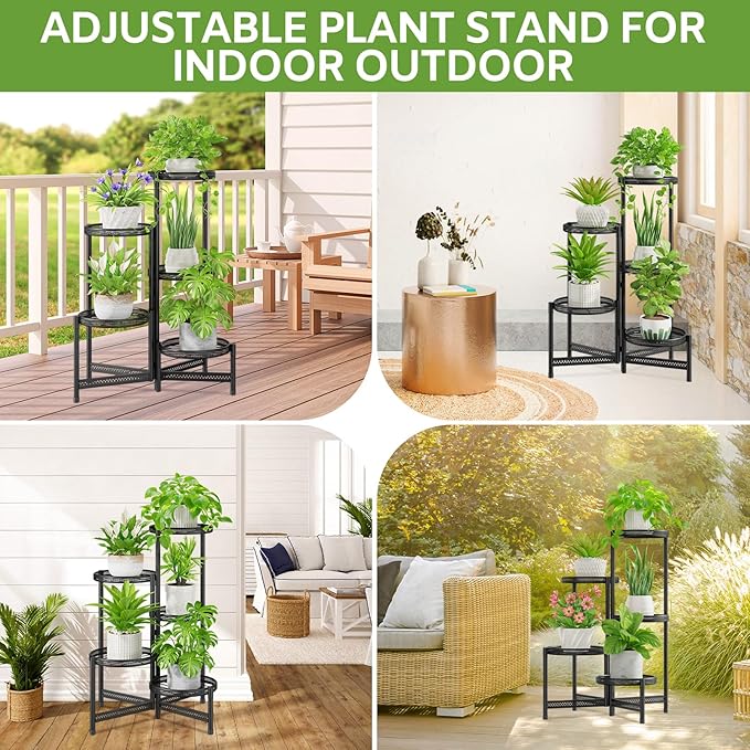 iDavosic.ly 5 Tier Large Plant Stand Indoor with 10-Inch Wide Drainage Tray, Tiered Corner Metal Outdoor Flower Display Holder Shelf, Folding Tall Rack for Patio Porch Balcony, Black Iron Carving