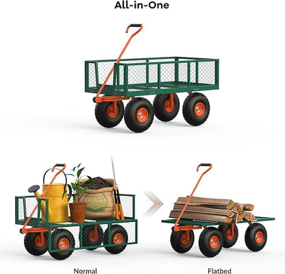 900LB Capacity Garden Cart, 3-in-1 Heavy Duty Utility Wagon with 13" All-Terrain Tires, Removable Mesh Sides & 180° Swivel Handle - Outdoor Yard Cart for Gardening, Farming, Patio Use