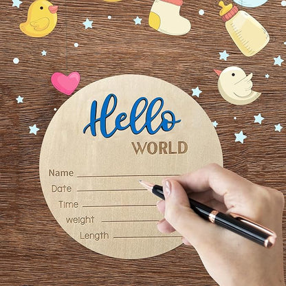 Baby Announcement Sign, 5.9 Inch Wooden Hello World Newborn Signs, Birth Announcement Sign, Baby Shower Hospital Nursery for Newborn Boys and Girls… (Blue)