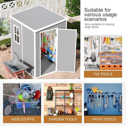 Resin Outdoor Storage Shed with Floor 5x4 FT Waterproof Plastic Sheds Kit Window Lockable Door Included, Outside Small Garden Tools Sheds for Backyard Patio