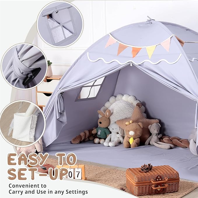 Sumbababy Toddler Bed Tent Canopy: Lights & Flags Indoor Floor Bed Kids Tent Playhouse - Portable & Foldable Twin Bunk Bed Curtains - Girls & Boys Bedroom Privacy Space Sleeping Tents Gifts (Gray)