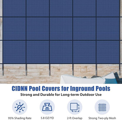 Inground Pool Cover Safety Fits Rectangle Swimming Pool, Mesh Solid Pool Cover for Inground Pools,Winter Pool Safety Cover Includes Safety Net and Installation Tools Blue (Blue, Fits 12x20ft Pools)