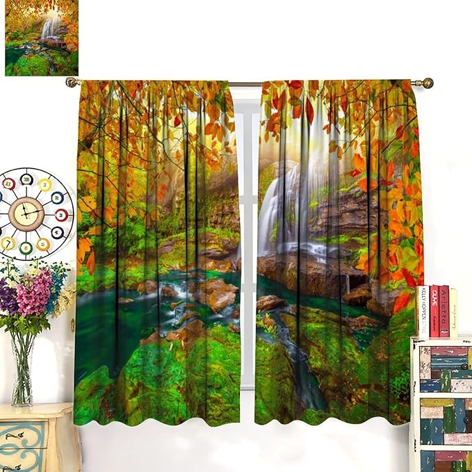 Waterfall Blackout Curtains, Waterfall Landscape Autumn Nature Leaves Forest Window Drapes, for Bedroom Living Room 84" W X 84" L