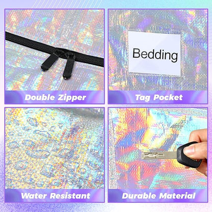 4 Pcs 24 Gallon Large Moving Bags with Zipper and Handles Foldable Storage Duffle Bags Heavy Duty Extra Large Totes for College Dorm Travel Clothes Blankets Bedding Moving (Iridescent)