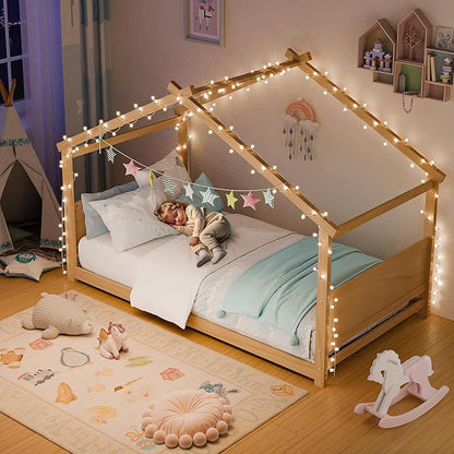 Twin House Bed, Montessori Floor Bed with Headboard & Footboard, Solid Wood Bed Frame for Toddlers Teens Bedroom, No Box Spring Needed, Natural