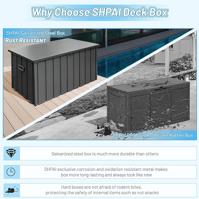 Metal Deck Box, 200 Gallon Outdoor Storage Box Waterproof, Large Patio Furniture Storage Cabinet, Lockable Storage Chest for Porch, Pillows, Cushions, Pool, Tools, Backyard -Grey