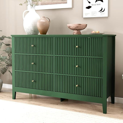 Green Dresser for Bedroom, 6 Drawers Fluted Chest of Drawers with Storage, Modern Wide Storage Dresser with Paint Design, Wood Drawer Organizer Green Dressers for Hallway, Entryway