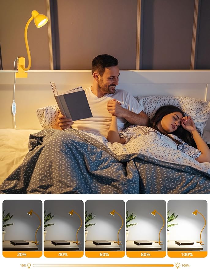 Clip on Reading Light for Bed 3 Color Modes, 10 Brightness Dimmable, Flexible