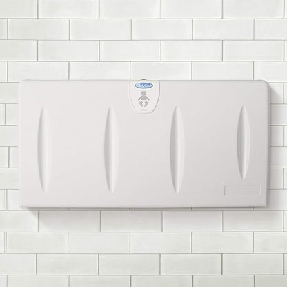 SafetyCraft Horizontal Wall-Mounted Baby Diaper Changing Station - Easy to Clean, High-Density Polyethylene w/Heavy Duty Steel Hinge - Built-in Liner Dispenser for Hooking Purse or Bag, Light Gray
