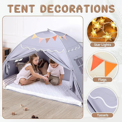 Sumbababy Toddler Bed Tent Canopy: Lights & Flags Indoor Floor Bed Kids Tent Playhouse - Portable & Foldable Twin Bunk Bed Curtains - Girls & Boys Bedroom Privacy Space Sleeping Tents Gifts (Gray)