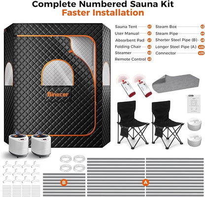 2 Person Sauna, Upgraded Large Sauna Box, Portable Steam Sauna for Home with 2 Steamer, 2 Folding Chair, Black