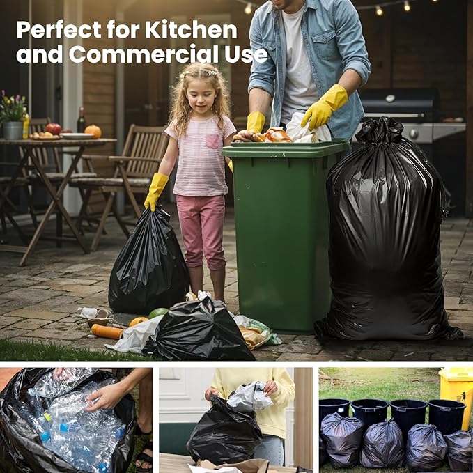 150 Count 55-60 Gallon Trash Bags, Large Garbage Bags Sturdy & Tear-Resistant Commercial Can Liners 55 Gallon, Large Black Trash Bags for Commercial, Lawn and Leaf Bags (150 Count)