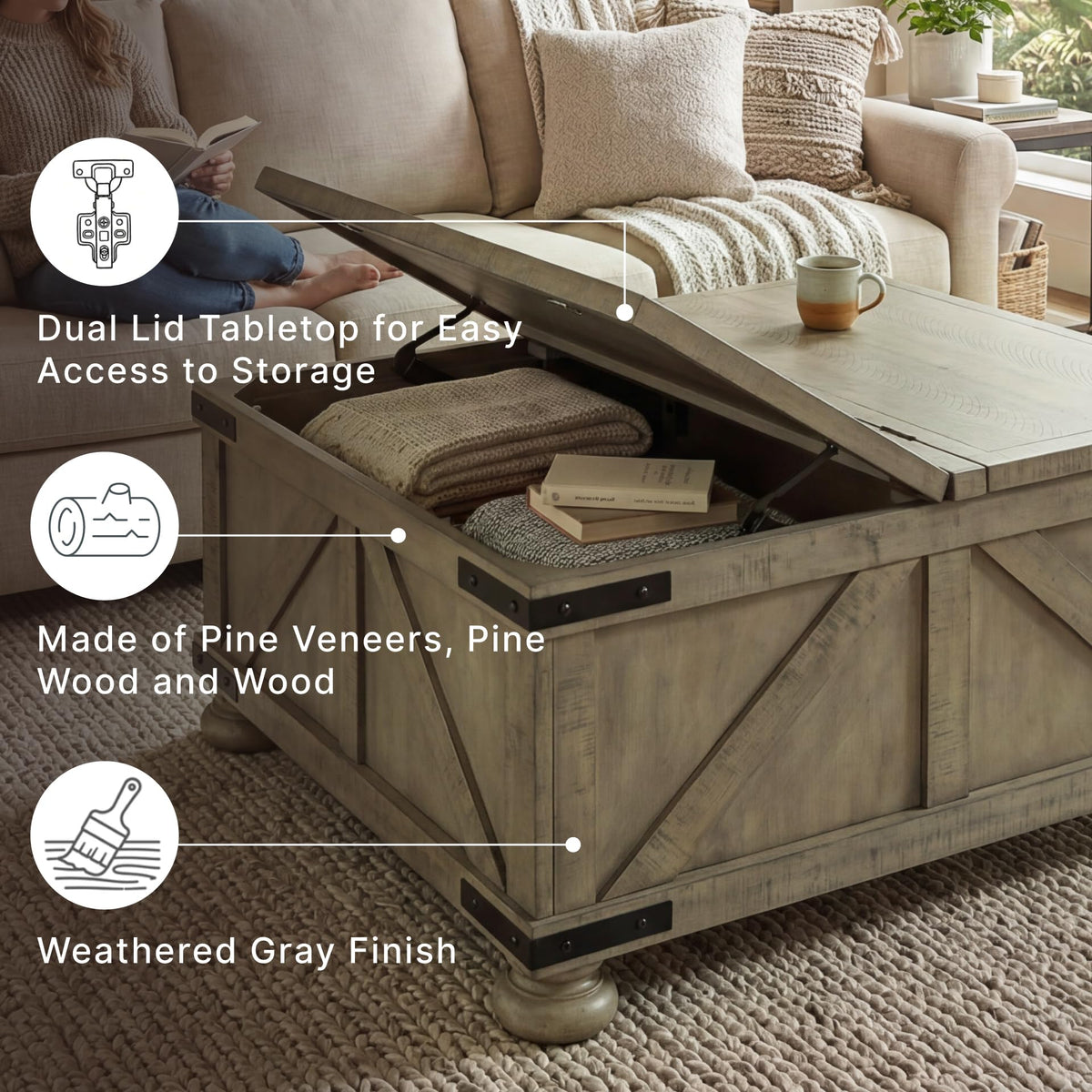 Aldwin Farmhouse Square Coffee Table with Lift Top for Storage