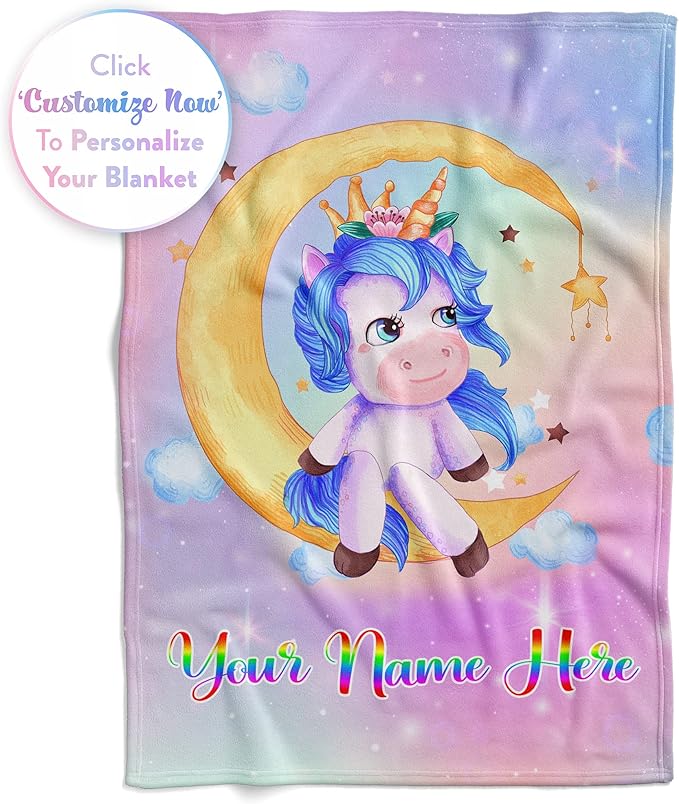 Personalized Unicorn Blanket for Girls | Kids Rainbow Unicorn | Custom Plush Fuzzy Unicorns for Toddler | Customized Little Girl Throw Blankets | Baby Girl Sofa Bed Birthday | Fleece 60x80