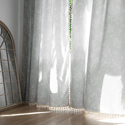 ENJOYBRIDAL Floral Curtains 84 Inch Long Grey Light Filtering Drapes Rod Pocket Bedroom Living Room Semi Sheer Window Curtains 2 Panel Sets Floor Length Farmhouse Boho Cute Window Treatments