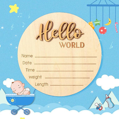 Newborn Announcement Sign, 5.9in Wooden Hello World Baby Welcome Sign Birth Plaques for Newborn Girls Boys Photo Props Baby Shower Hospital Nursery (Gold)