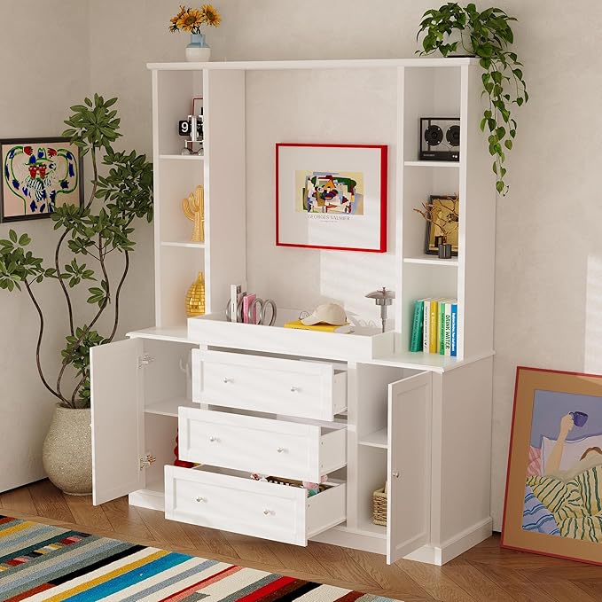 WOODTIME 78.7" Tall Changing Table Dresser with Drawers, Open Shelves and Doors, Multi-Functional Baby Nursery Dresser with Changing Table Top, Versatile Storage Cabinet for Nursery, White
