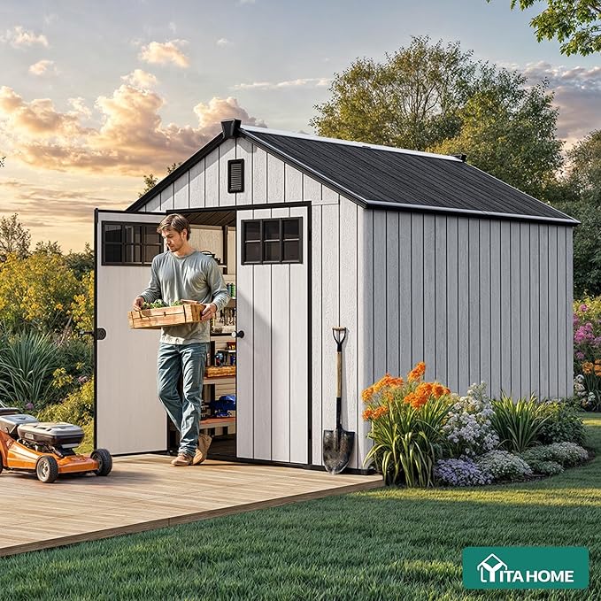 YITAHOME 8x10 FT Outdoor Storage Shed with Floor, Plastic Garden Shed for Bikes, Tools, and Pool Supplies, Outdoor Resin Shed with Lockable Doors, Windows, and Vents for Patio, Lawn, Backyard, Gray