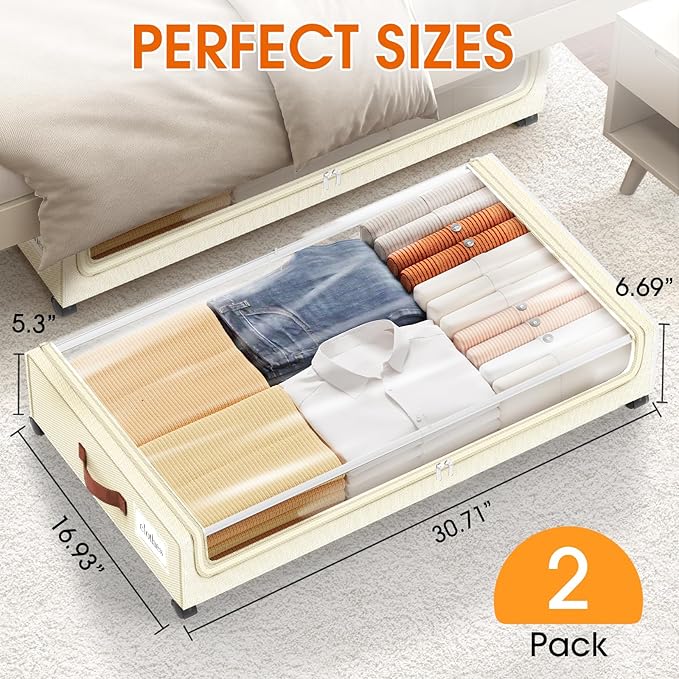 Under Bed Storage with Wheels 2Pack Underbed Storage with Clear Window&Label Under Bed Drawers Large Capacity Rolling Under Bed Storage for Clothes,Shoes, Blankets (Beige)