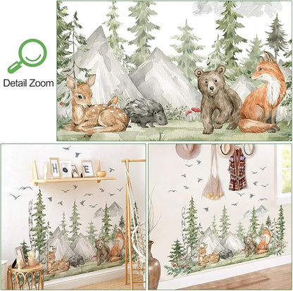 Amaonm 4 Sheet of 12x36 inch Giant Mountain Forest Tree Wall Decal Woodland Deer Bear Fox Birds Wall Stickers 3D DIY Peel and Stick Jungle Wild Animal Pine Wall Decor for Kids Boys Bedroom Playroom