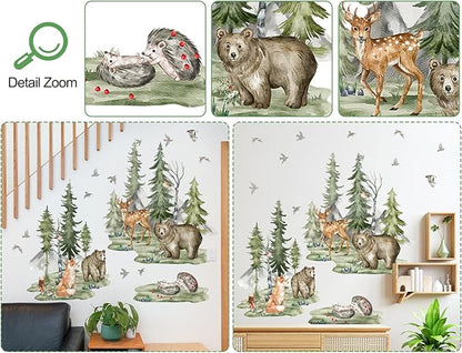 Large Jungle Animals Wall Decals Forest Tree Wall Decal Peel and Stick Woodland Bear Fox Deer Wall Stickers Giant Mountain Art for Bedroom Nursery Room BM6052-ZL