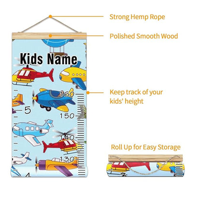 Personalized Kids Name Growth Chart Ruler for Wall Wood Frame Height Measure Chart 13.4x56 in Linen Hanging Height Growth Chart Cartoon Airplane Aircraft Kids Room Decor