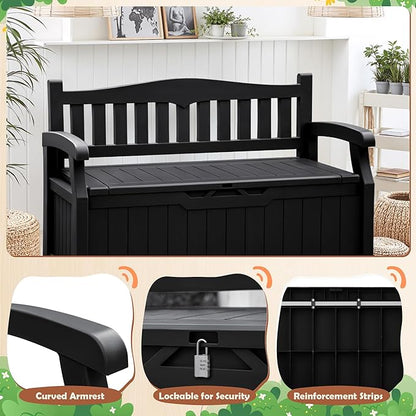 JUMMICO 80 Gallon Resin Outdoor Storage Bench, Large Deck Box with Armrest, Lockable & Waterproof for Garden, Home, Patio, Pools (Black)