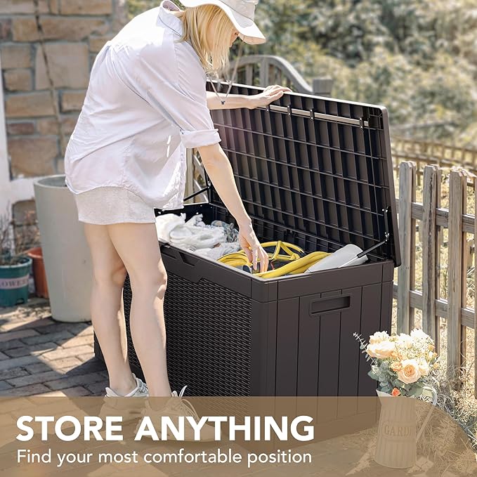Devoko 100 Gallon Waterproof Large Resin Deck Box Indoor Outdoor Lockable Storage Container for Patio Furniture Cushions Garden Tools (100 Gallon, Dark Brown)