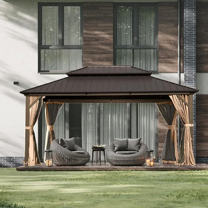 Domi 12' x 14' Hardtop Gazebo Permanent Metal Gazebo with Galvanized Steel Double Roof, Curtains and Netting for Party, Wedding, Outdoor Dining, Patio, Backyard, Brown