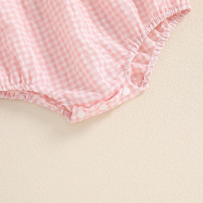 Baby Girl Smocked Western Romper Short Sleeve Bubble Rompers Summer Clothes Plaid Print Embroidery Bow Bodysuit Tops