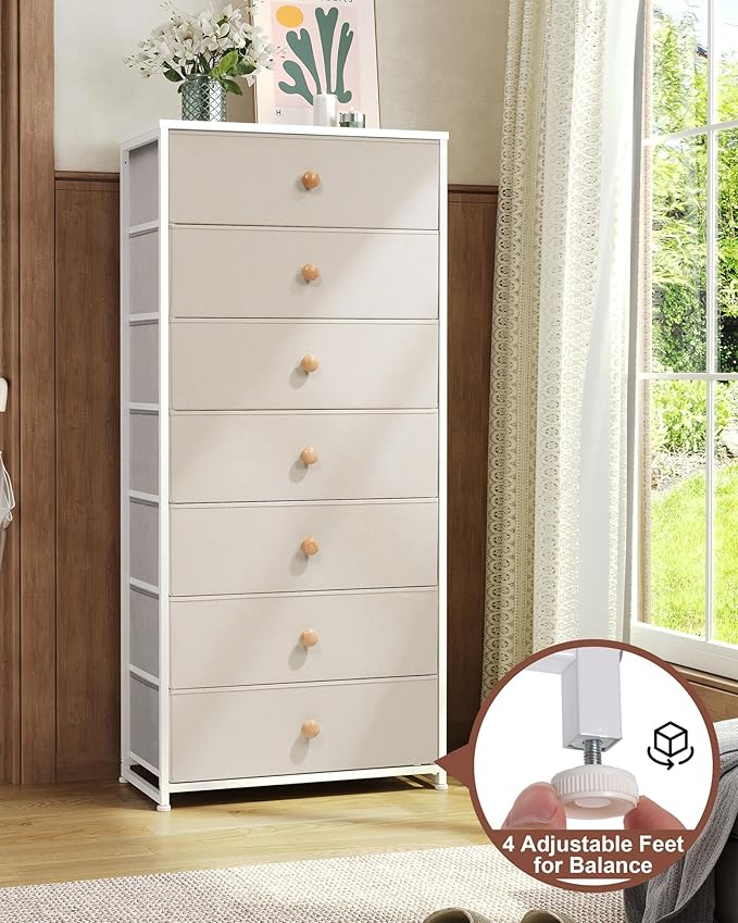 Crestlive Products Tall Dresser, 7-Drawer Wide Fabirc Storage Tower, Chests of Drawers - Vertical Organizer Unit for Bedroom, Hallway, Entryway, Nursery, Wood Top, Closets with Handles (Beige)