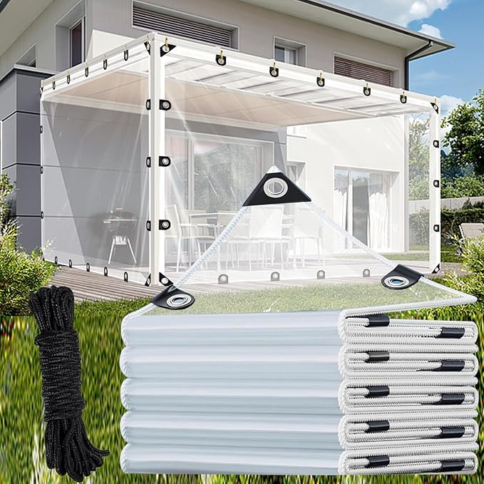 Clear Tarp 10x10 ft Clear Waterproof Tarps 8 Mil Thick Anti-Tear PVC Vinyl Tarpaulin Enclosure with Grommets for Porch,Patio,Yard,Gazebo