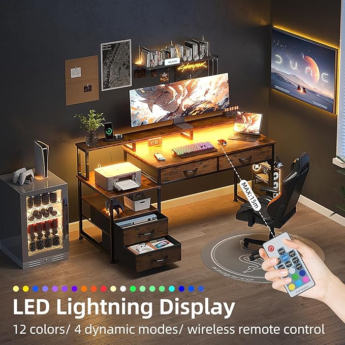 53" Computer Desk with 4 Drawers & Power Outlets, Reversible Home Office Desk with Monitor Stand & Printer Stand, Gaming Desks with Led Lights, Study Writing Work Desks Table for Bedroom, Vintage