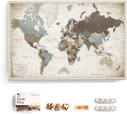 Canvas World Map with Cork Pin Board - English Lettering - Decorative Wall Decoration for All Rooms - Canvas Pictures with World Map Motif (120x80 cm, Pattern 25)