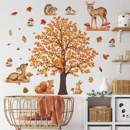 Large Autumn Fall Maple Tree Wall Decals Woodland Animals Creactures Mushroom Wall Stickers for Autumn Party Decorations Bedroom Living Room Wall Decor