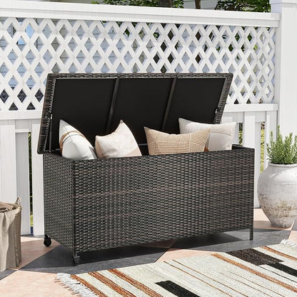 Tangkula Rattan Deck Box, 85 Gallon Storage Container with Waterproof Liner, Wheels & Gas Strut, Indoor Outdoor Wicker Storage Cabinet, Storage Furniture for Pillows, Cushions (Brown)