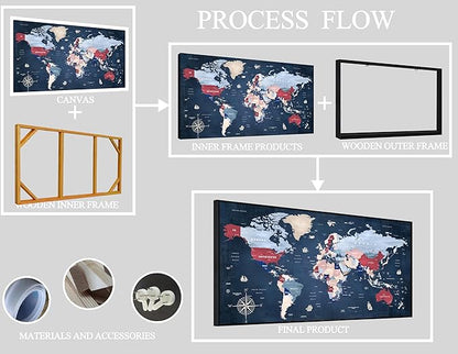 ZHAOSHOP World Map Wall Art for Living Room - Blue Wall Decor for Office - Large Framed Canvas Wall Art Ready to Hang Size 29" x 59"