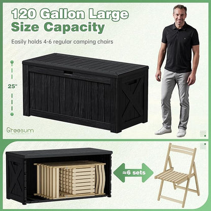 Greesum 120 Gallon Outdoor Storage Box with Lock - Large Resin Deck Box, Reinforced Lid for Garden, Patio, Lawn, Black