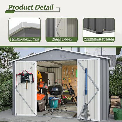 10×10 FT Outdoor Storage Shed,Metal Aluminum Waterproof Tool Sheds with Foundation,Doors & Vents,Heavy-Duty Sheds Unit W/Lock & Key,for Storing Bicycles,Lawnmowers,Barbeques,Gray