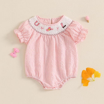 Baby Girl Smocked Western Romper Short Sleeve Bubble Rompers Summer Clothes Plaid Print Embroidery Bow Bodysuit Tops